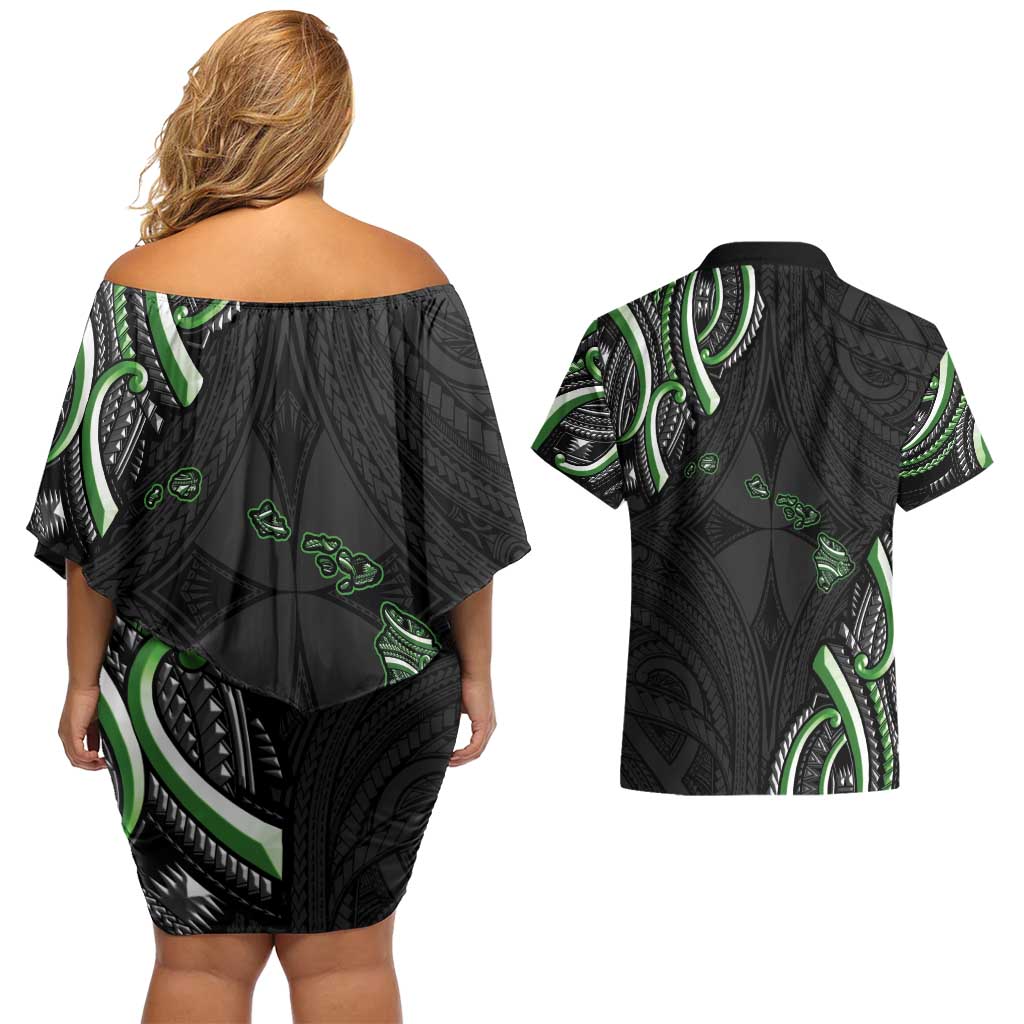 Traditional Art Hawaiian Kakau Tattoos Couples Matching Off Shoulder Short Dress and Hawaiian Shirt Green Color - Polynesian Pride