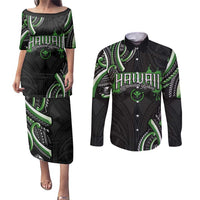 Traditional Art Hawaiian Kakau Tattoos Couples Matching Puletasi and Long Sleeve Button Shirt Green Color - Polynesian Pride