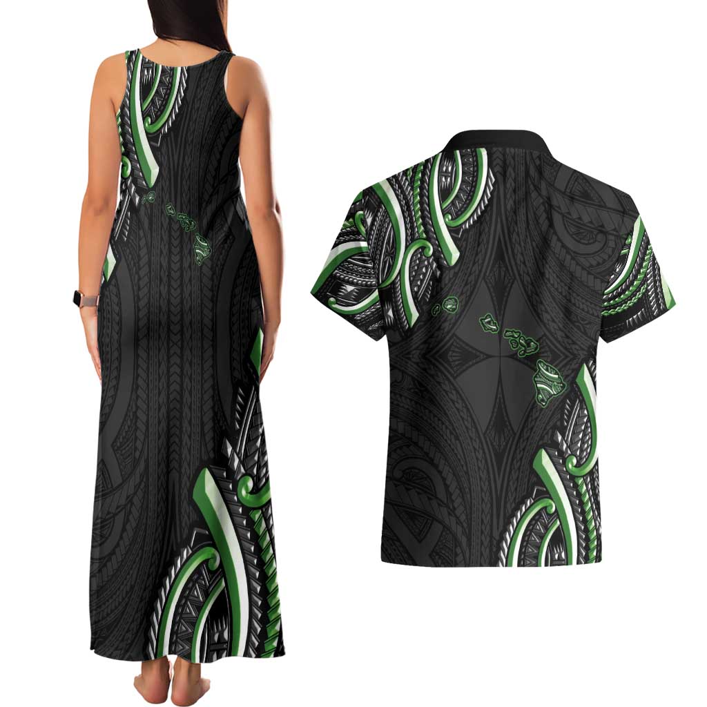 Traditional Art Hawaiian Kakau Tattoos Couples Matching Tank Maxi Dress and Hawaiian Shirt Green Color - Polynesian Pride