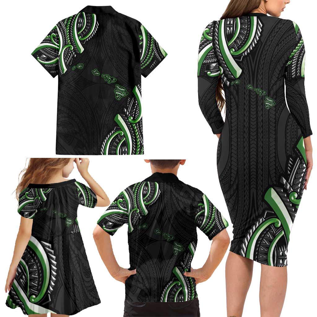Traditional Art Hawaiian Kakau Tattoos Family Matching Long Sleeve Bodycon Dress and Hawaiian Shirt Green Color - Polynesian Pride