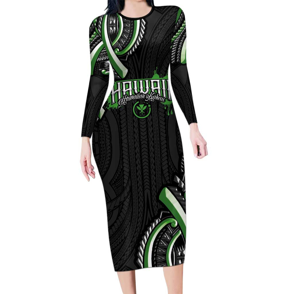 Traditional Art Hawaiian Kakau Tattoos Family Matching Long Sleeve Bodycon Dress and Hawaiian Shirt Green Color - Polynesian Pride