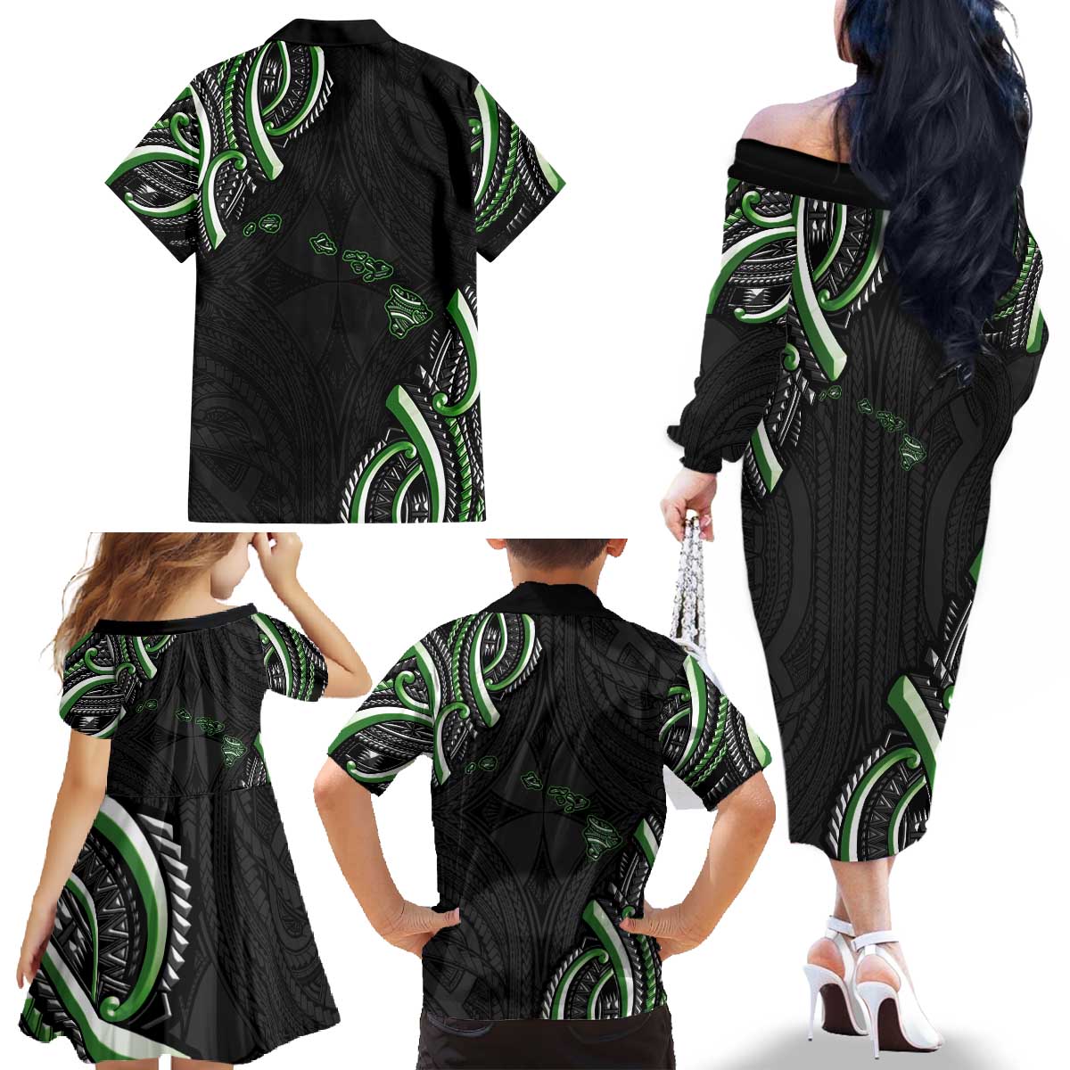 Traditional Art Hawaiian Kakau Tattoos Family Matching Off The Shoulder Long Sleeve Dress and Hawaiian Shirt Green Color - Polynesian Pride
