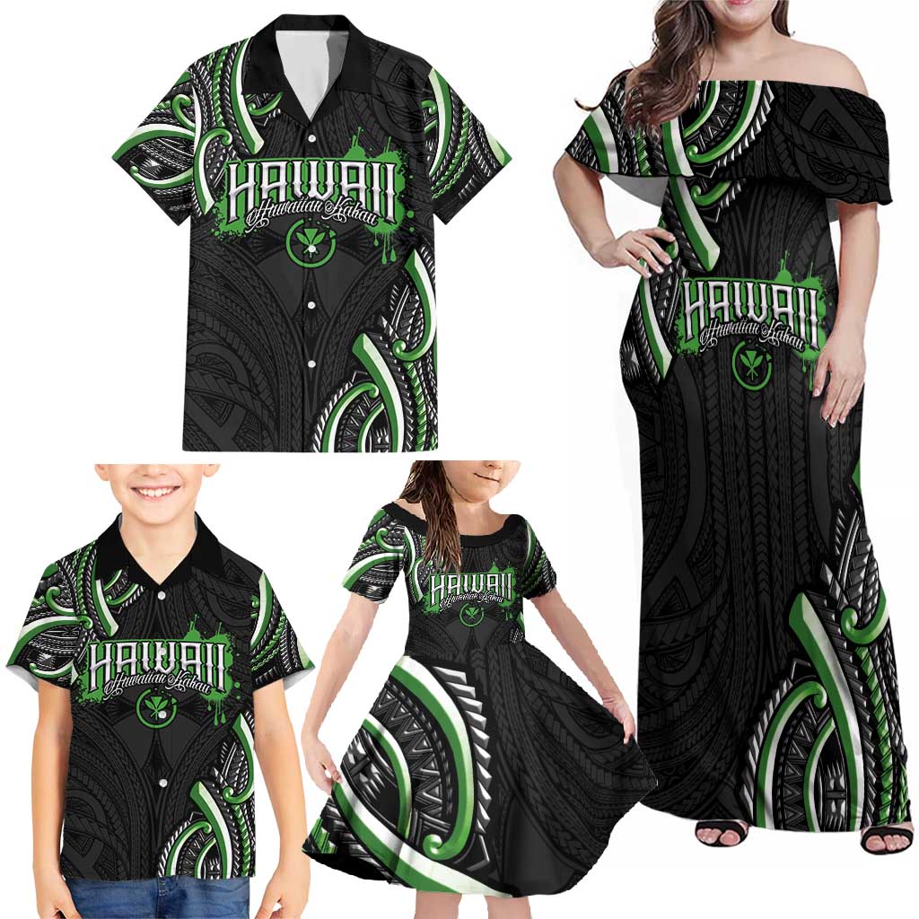 Traditional Art Hawaiian Kakau Tattoos Family Matching Off Shoulder Maxi Dress and Hawaiian Shirt Green Color - Polynesian Pride