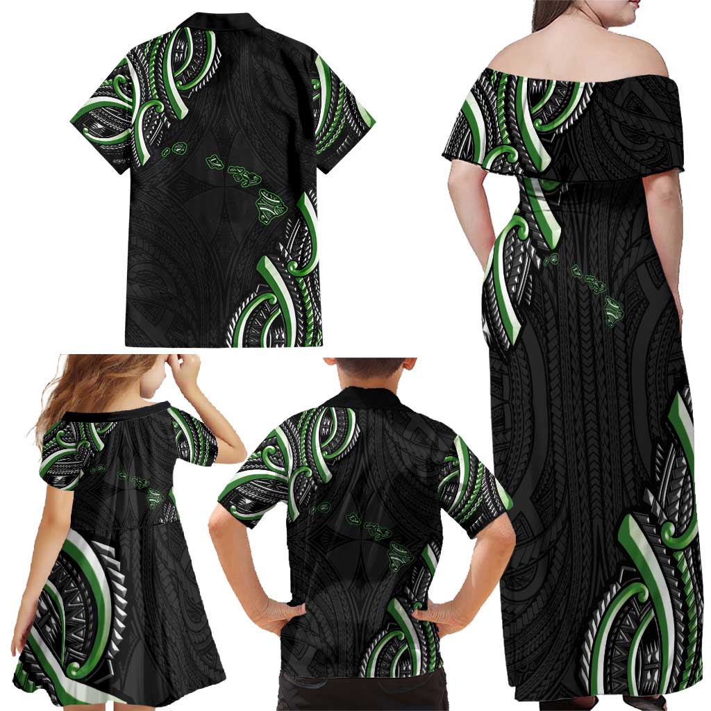 Traditional Art Hawaiian Kakau Tattoos Family Matching Off Shoulder Maxi Dress and Hawaiian Shirt Green Color - Polynesian Pride