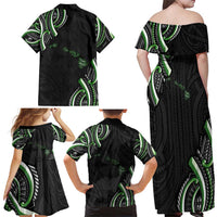 Traditional Art Hawaiian Kakau Tattoos Family Matching Off Shoulder Maxi Dress and Hawaiian Shirt Green Color - Polynesian Pride