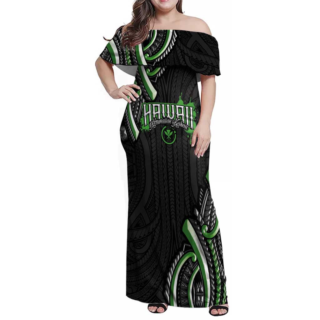 Traditional Art Hawaiian Kakau Tattoos Family Matching Off Shoulder Maxi Dress and Hawaiian Shirt Green Color - Polynesian Pride