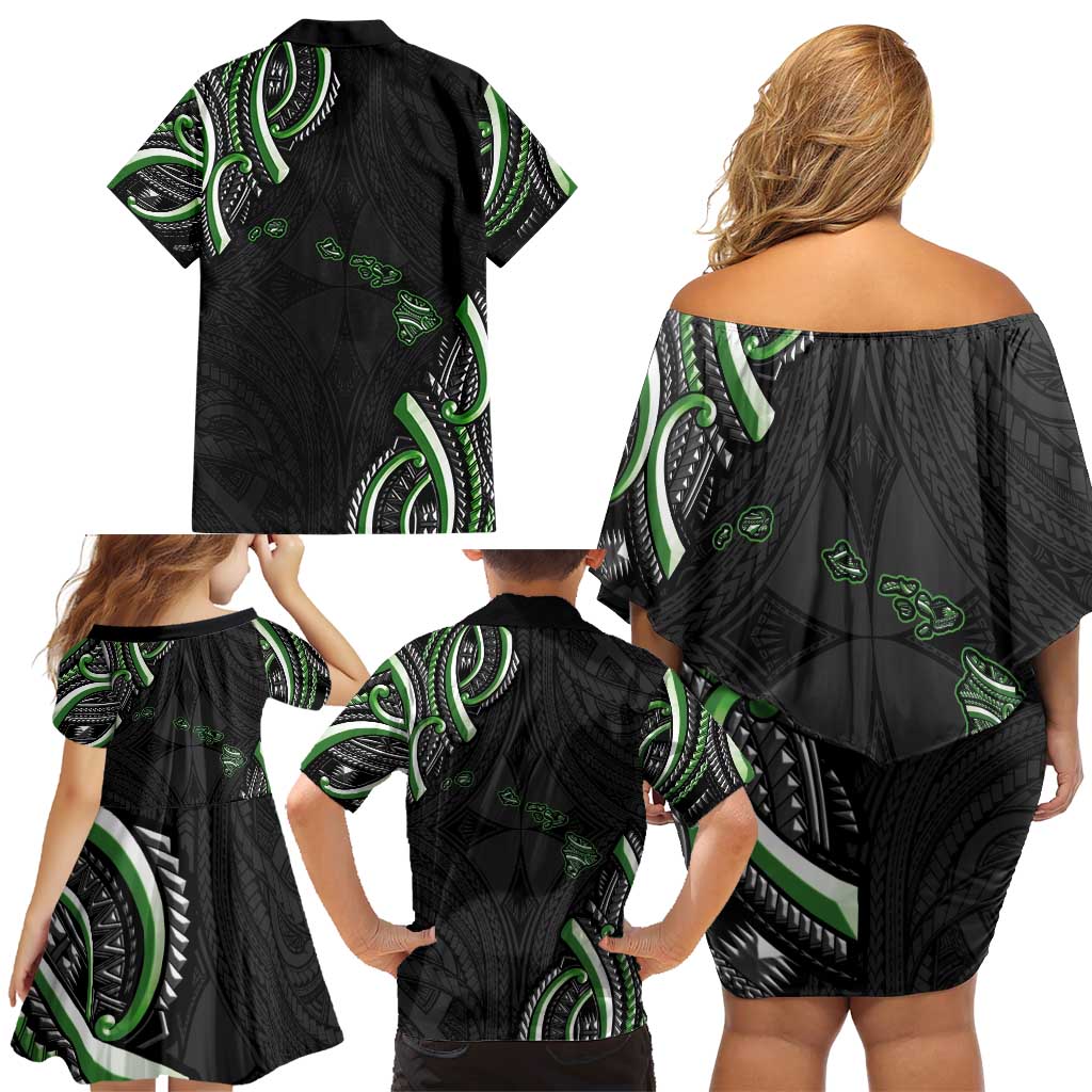 Traditional Art Hawaiian Kakau Tattoos Family Matching Off Shoulder Short Dress and Hawaiian Shirt Green Color - Polynesian Pride