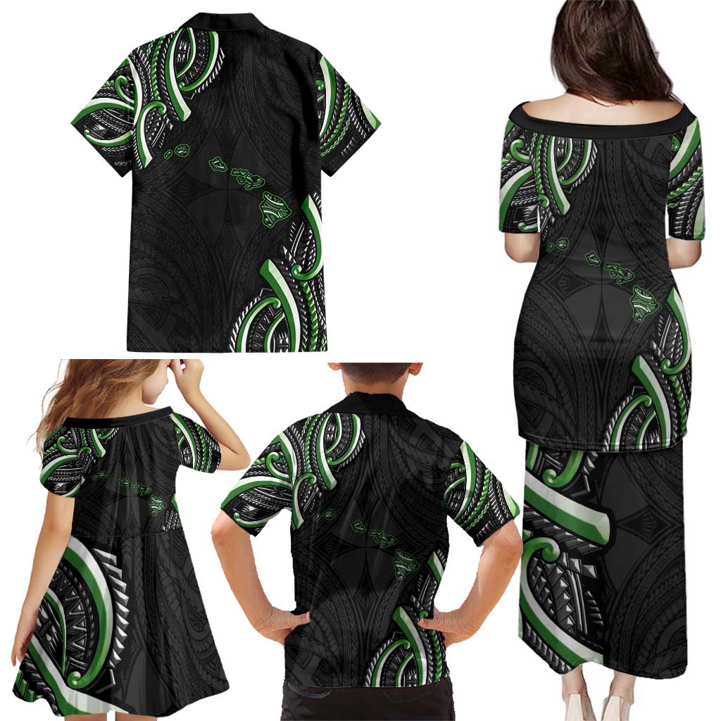 Traditional Art Hawaiian Kakau Tattoos Family Matching Puletasi and Hawaiian Shirt Green Color - Polynesian Pride