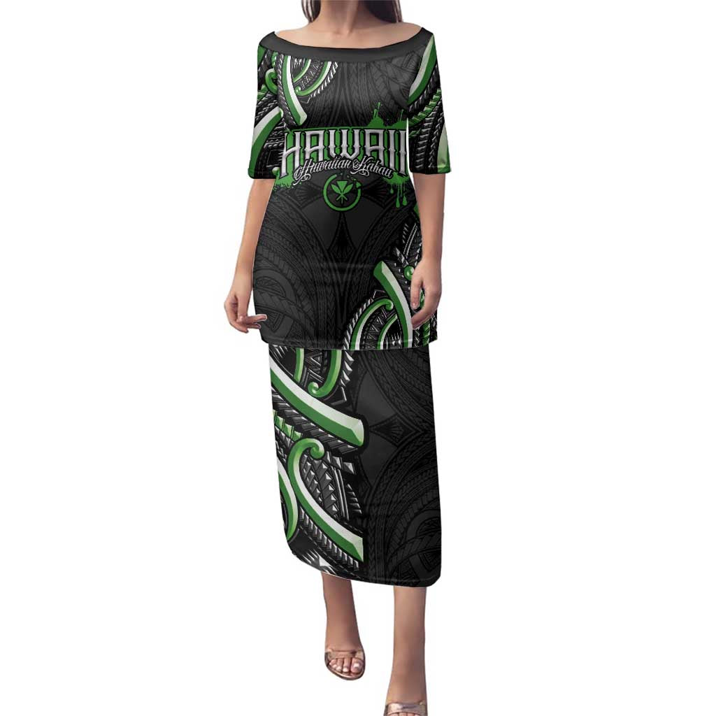 Traditional Art Hawaiian Kakau Tattoos Family Matching Puletasi and Hawaiian Shirt Green Color - Polynesian Pride