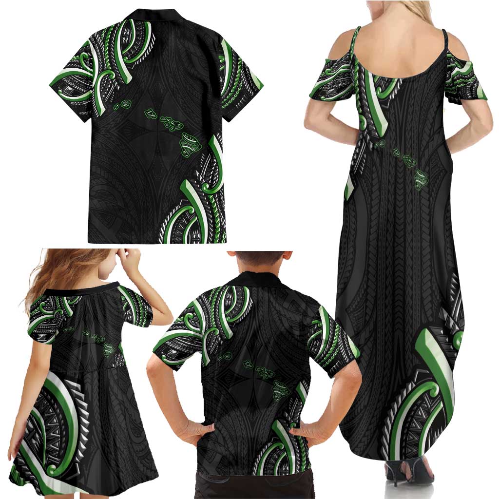 Traditional Art Hawaiian Kakau Tattoos Family Matching Summer Maxi Dress and Hawaiian Shirt Green Color - Polynesian Pride