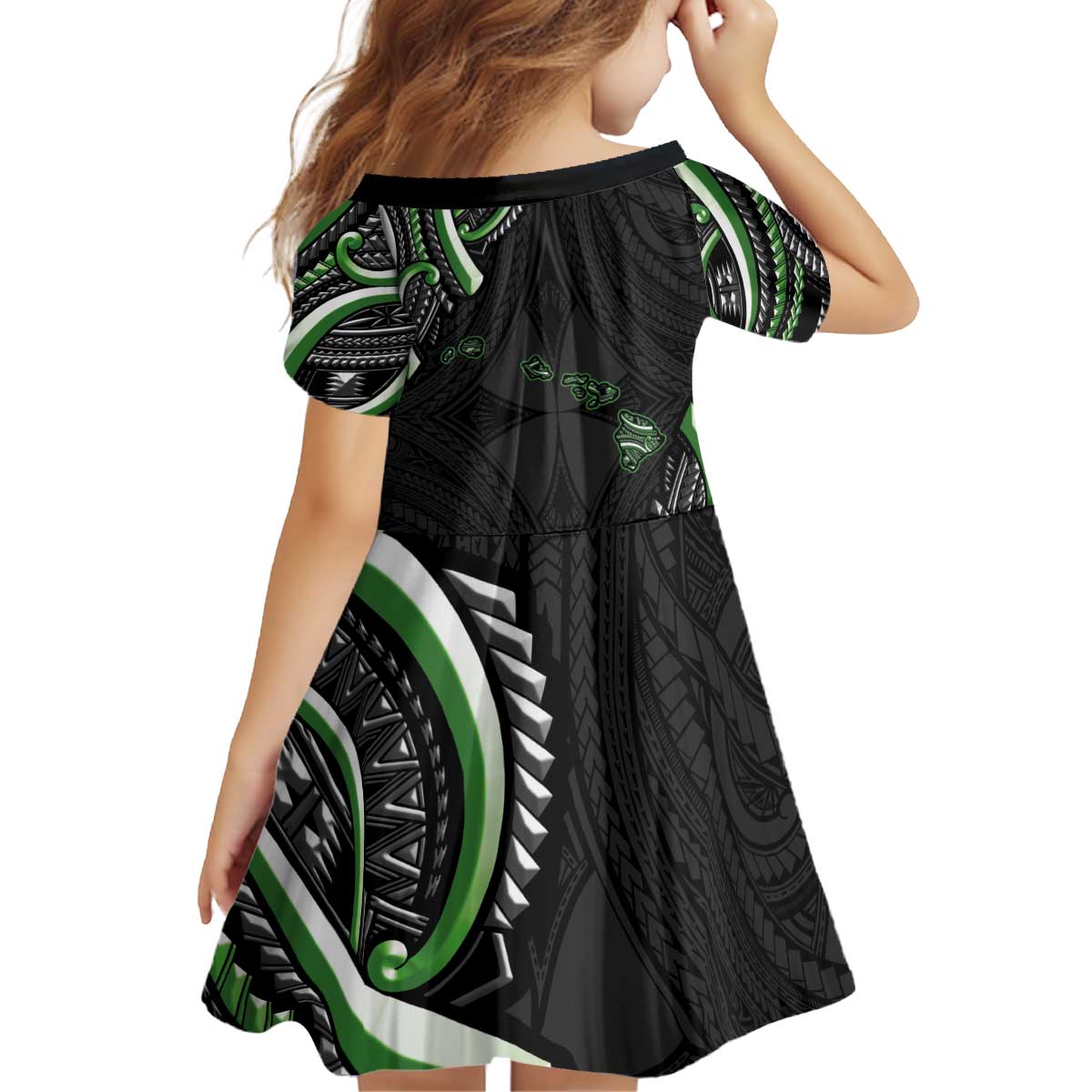 Traditional Art Hawaiian Kakau Tattoos Kid Short Sleeve Dress Green Color - Polynesian Pride
