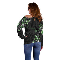 Traditional Art Hawaiian Kakau Tattoos Off Shoulder Sweater Green Color - Polynesian Pride