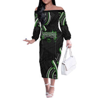 Traditional Art Hawaiian Kakau Tattoos Off The Shoulder Long Sleeve Dress Green Color - Polynesian Pride