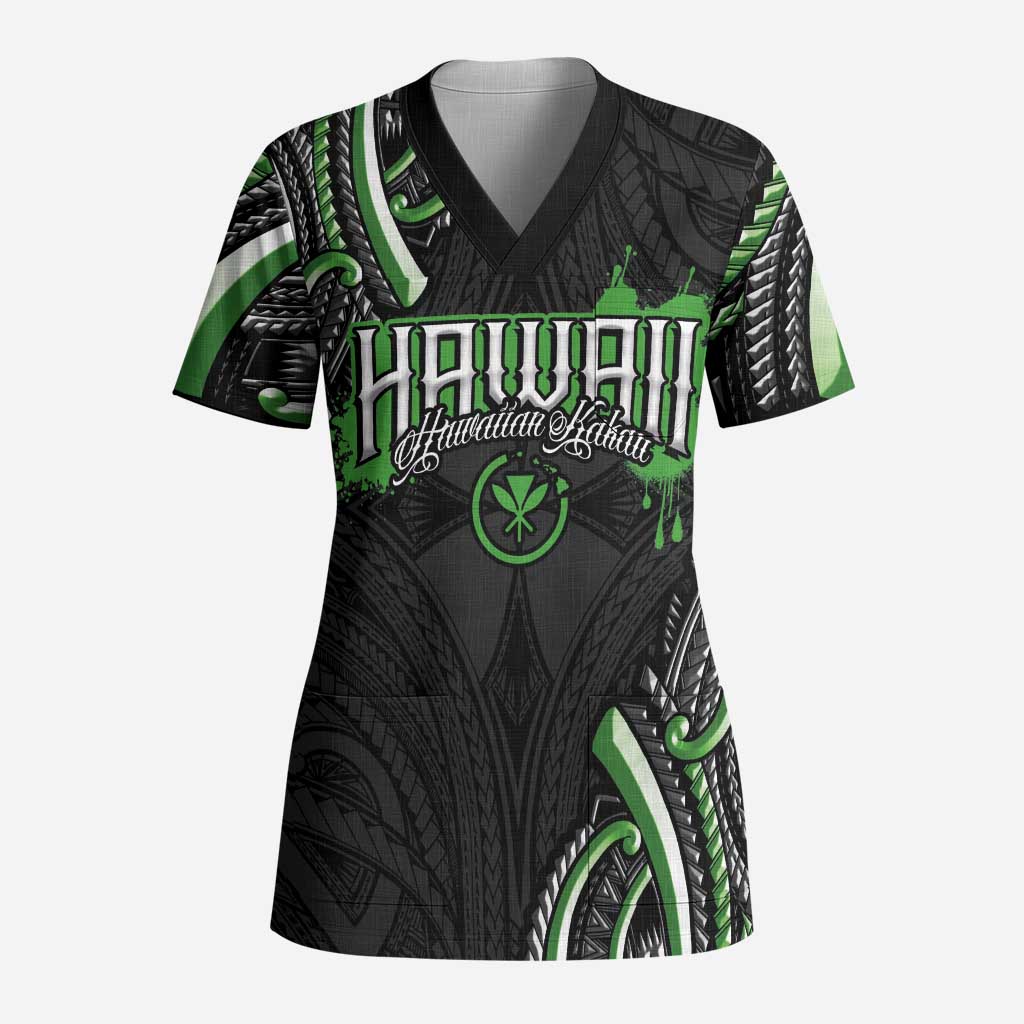 Traditional Art Hawaiian Kakau Tattoos Scrub Top Green Color - Polynesian Pride