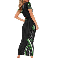 Traditional Art Hawaiian Kakau Tattoos Short Sleeve Bodycon Dress Green Color - Polynesian Pride