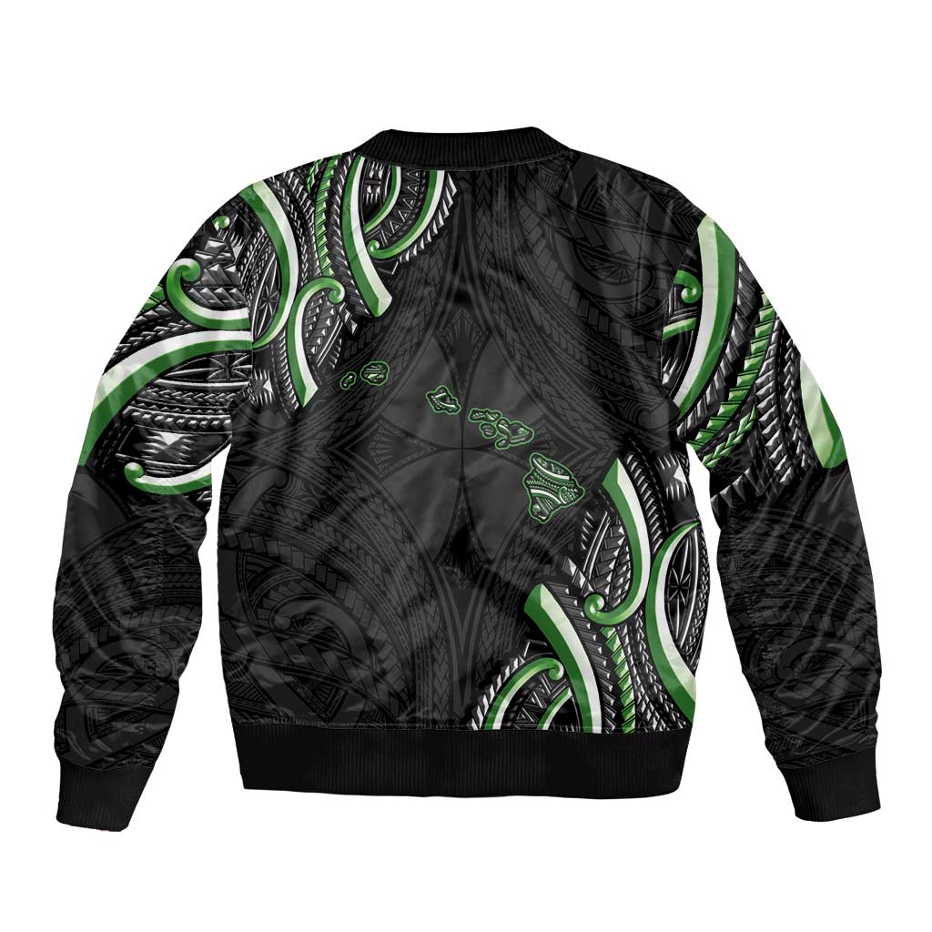 Traditional Art Hawaiian Kakau Tattoos Sleeve Zip Bomber Jacket Green Color - Polynesian Pride