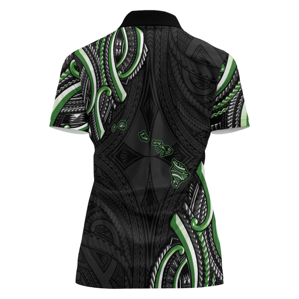 Traditional Art Hawaiian Kakau Tattoos Women Polo Shirt Green Color - Polynesian Pride