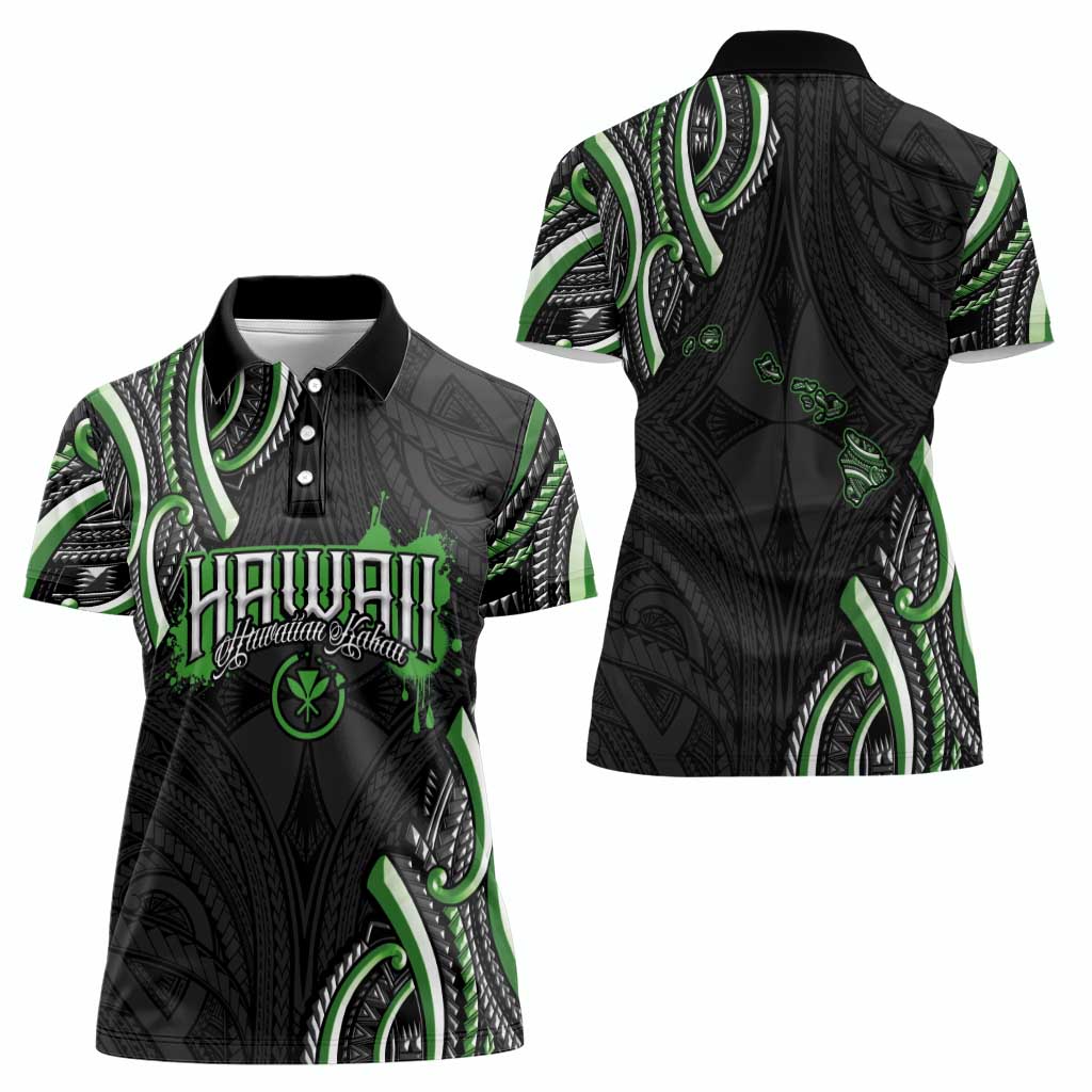 Traditional Art Hawaiian Kakau Tattoos Women Polo Shirt Green Color - Polynesian Pride