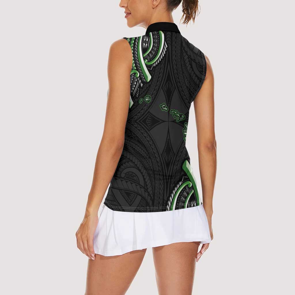 Traditional Art Hawaiian Kakau Tattoos Women Sleeveless Polo Shirt Green Color - Polynesian Pride