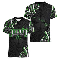 Traditional Art Hawaiian Kakau Tattoos Women V-Neck T-Shirt Green Color - Polynesian Pride