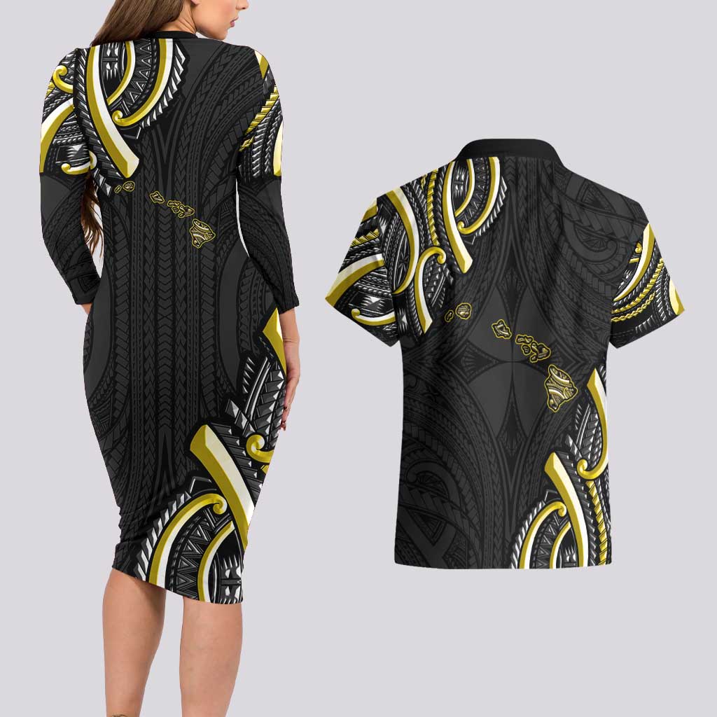 Traditional Art Hawaiian Kakau Tattoos Couples Matching Long Sleeve Bodycon Dress and Hawaiian Shirt Yellow Color - Polynesian Pride