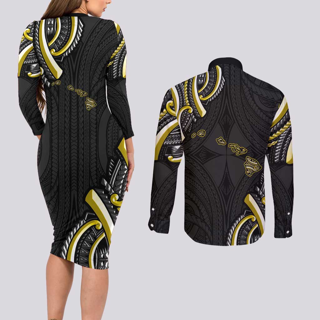 Traditional Art Hawaiian Kakau Tattoos Couples Matching Long Sleeve Bodycon Dress and Long Sleeve Button Shirt Yellow Color - Polynesian Pride