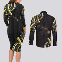 Traditional Art Hawaiian Kakau Tattoos Couples Matching Long Sleeve Bodycon Dress and Long Sleeve Button Shirt Yellow Color - Polynesian Pride