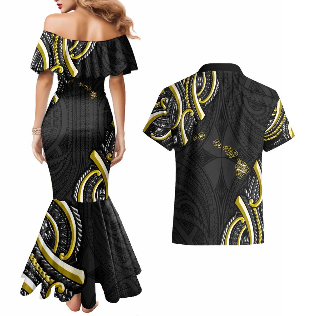 Traditional Art Hawaiian Kakau Tattoos Couples Matching Mermaid Dress and Hawaiian Shirt Yellow Color - Polynesian Pride