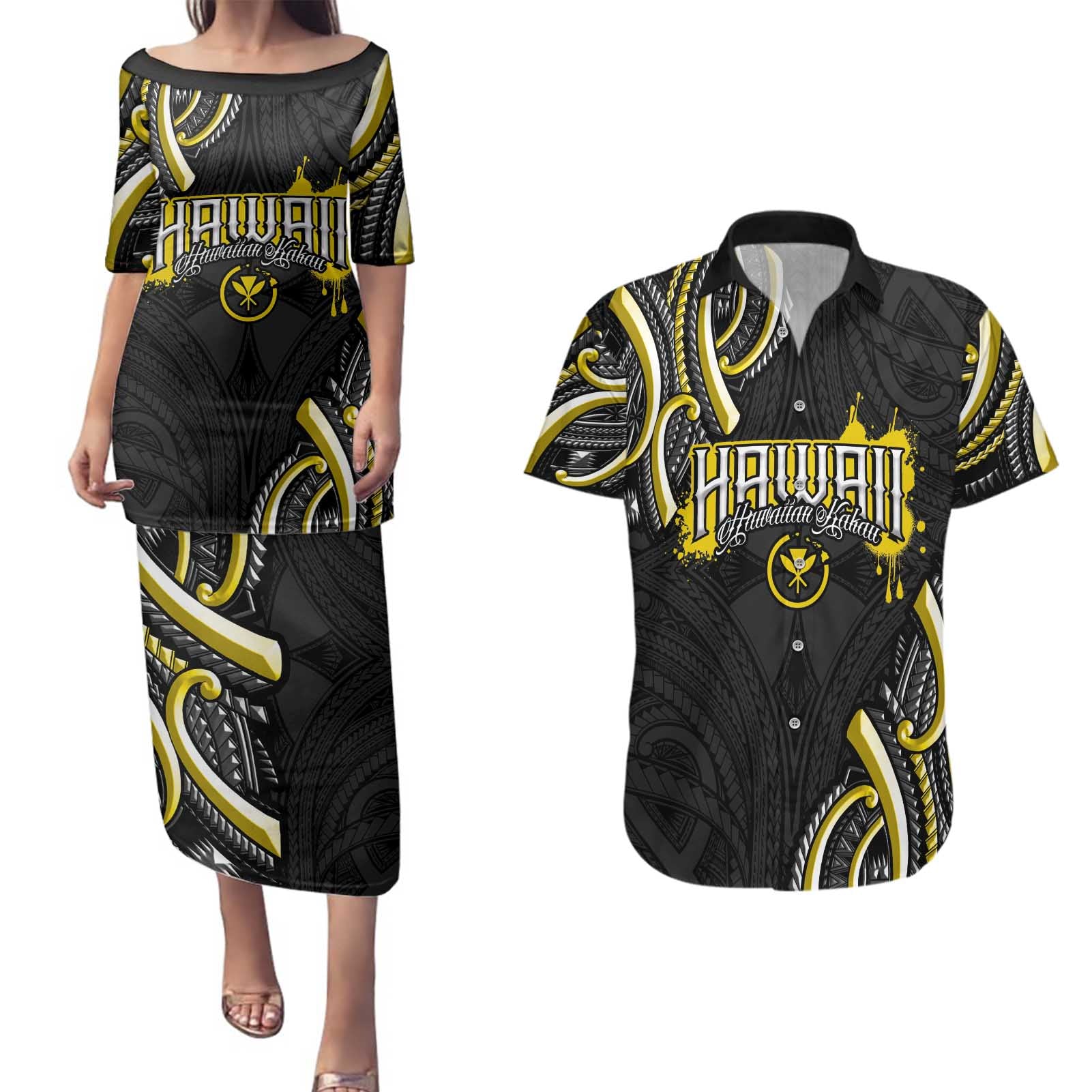 Traditional Art Hawaiian Kakau Tattoos Couples Matching Puletasi and Hawaiian Shirt Yellow Color - Polynesian Pride
