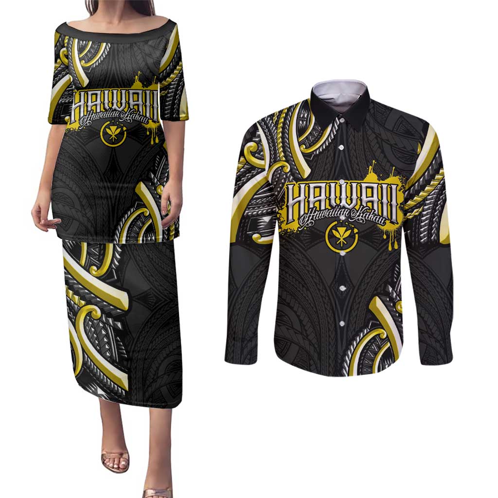 Traditional Art Hawaiian Kakau Tattoos Couples Matching Puletasi and Long Sleeve Button Shirt Yellow Color - Polynesian Pride