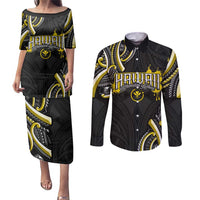 Traditional Art Hawaiian Kakau Tattoos Couples Matching Puletasi and Long Sleeve Button Shirt Yellow Color - Polynesian Pride