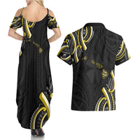 Traditional Art Hawaiian Kakau Tattoos Couples Matching Summer Maxi Dress and Hawaiian Shirt Yellow Color - Polynesian Pride