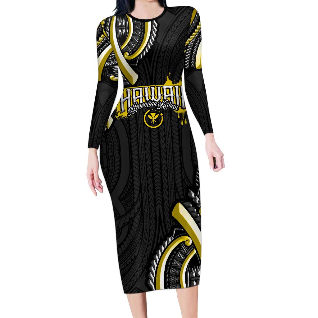 Traditional Art Hawaiian Kakau Tattoos Family Matching Long Sleeve Bodycon Dress and Hawaiian Shirt Yellow Color - Polynesian Pride