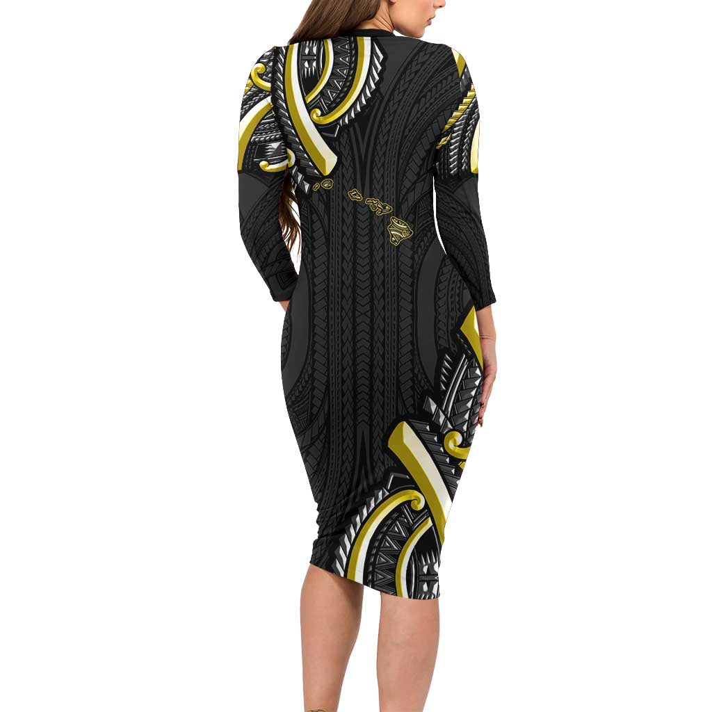 Traditional Art Hawaiian Kakau Tattoos Family Matching Long Sleeve Bodycon Dress and Hawaiian Shirt Yellow Color - Polynesian Pride