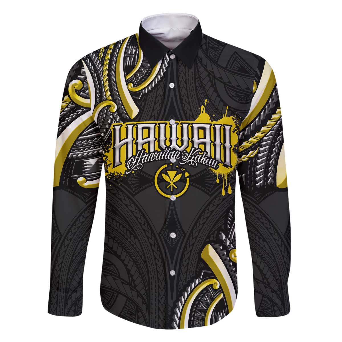 Traditional Art Hawaiian Kakau Tattoos Family Matching Off The Shoulder Long Sleeve Dress and Hawaiian Shirt Yellow Color - Polynesian Pride