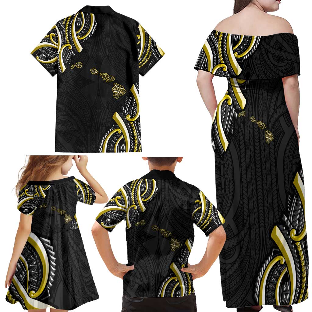 Traditional Art Hawaiian Kakau Tattoos Family Matching Off Shoulder Maxi Dress and Hawaiian Shirt Yellow Color - Polynesian Pride
