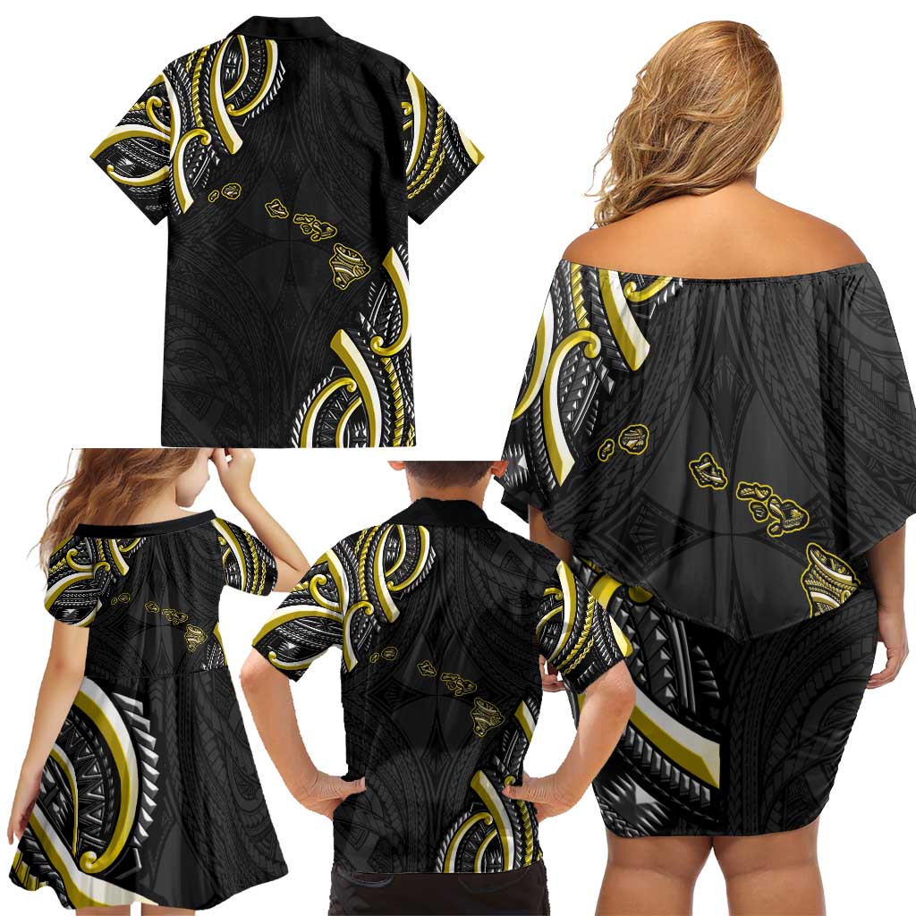 Traditional Art Hawaiian Kakau Tattoos Family Matching Off Shoulder Short Dress and Hawaiian Shirt Yellow Color - Polynesian Pride