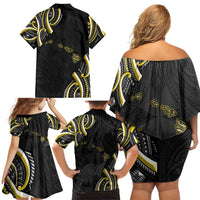 Traditional Art Hawaiian Kakau Tattoos Family Matching Off Shoulder Short Dress and Hawaiian Shirt Yellow Color - Polynesian Pride