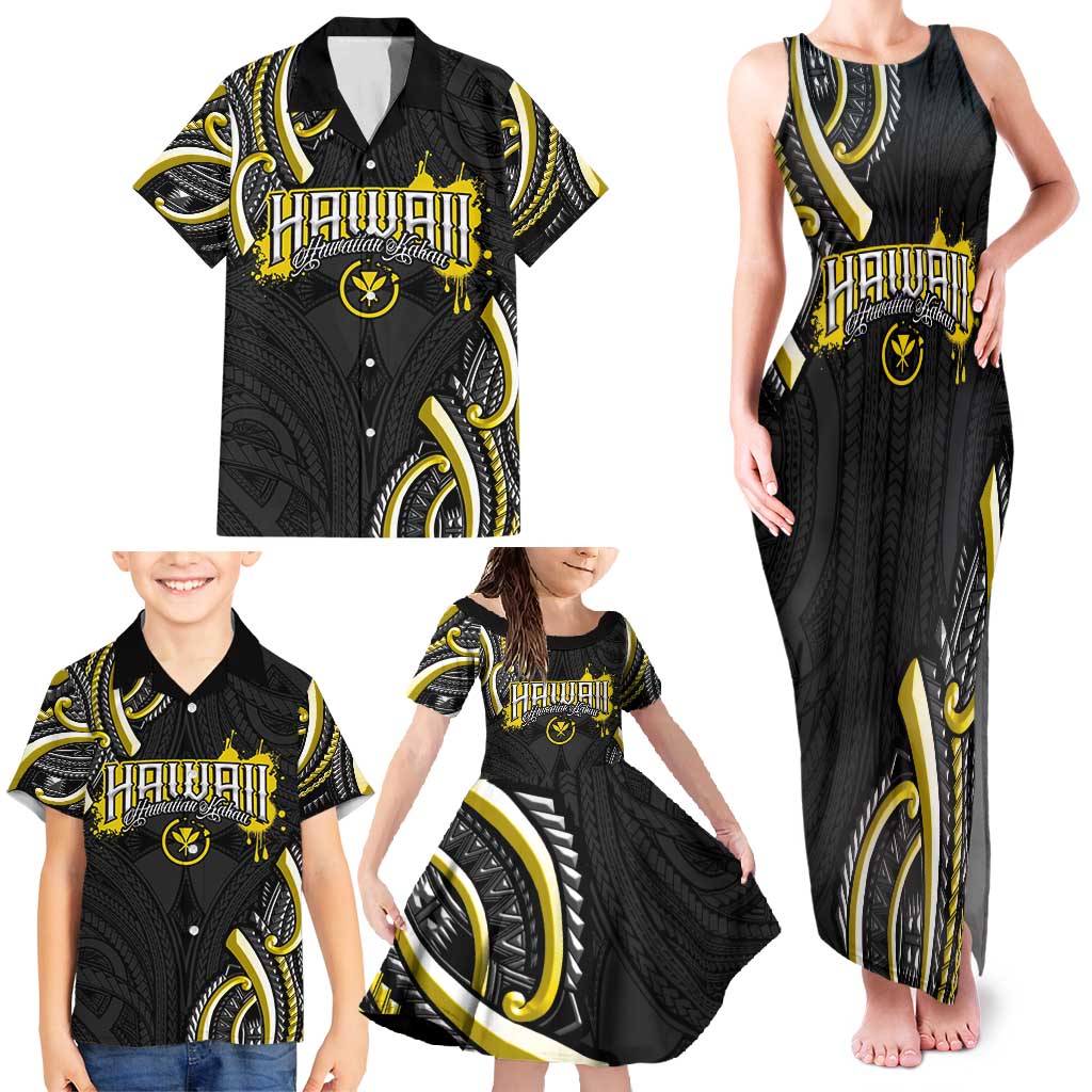Traditional Art Hawaiian Kakau Tattoos Family Matching Tank Maxi Dress and Hawaiian Shirt Yellow Color - Polynesian Pride