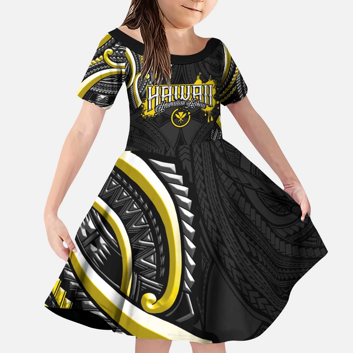 Traditional Art Hawaiian Kakau Tattoos Kid Short Sleeve Dress Yellow Color - Polynesian Pride