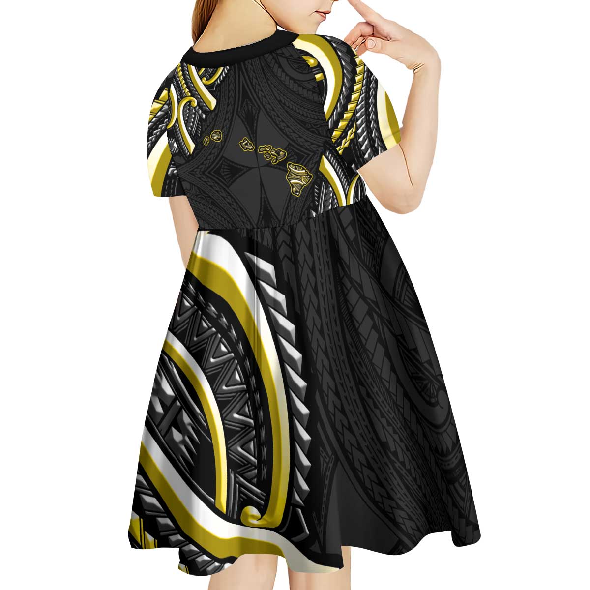 Traditional Art Hawaiian Kakau Tattoos Kid Short Sleeve Dress Yellow Color - Polynesian Pride