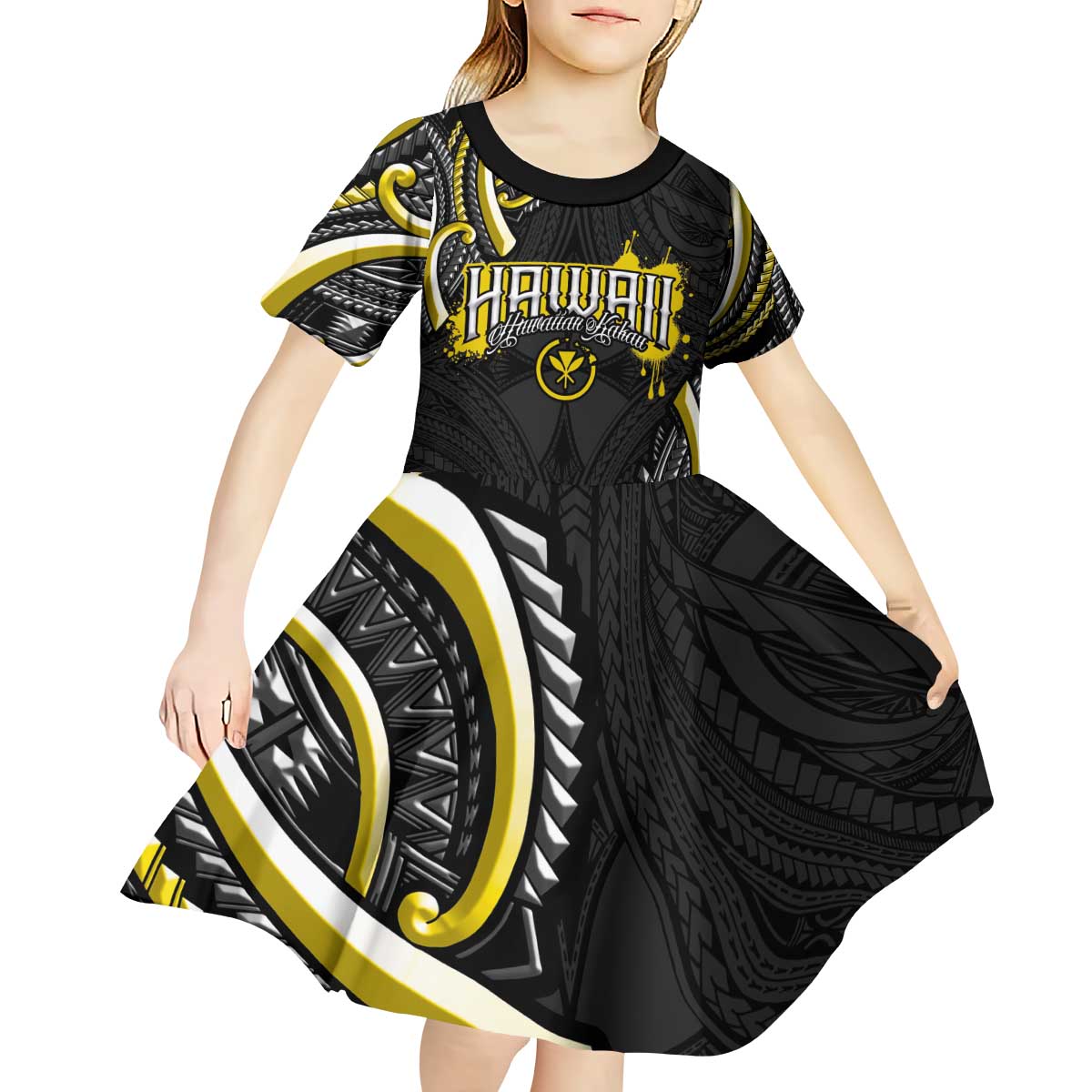 Traditional Art Hawaiian Kakau Tattoos Kid Short Sleeve Dress Yellow Color - Polynesian Pride