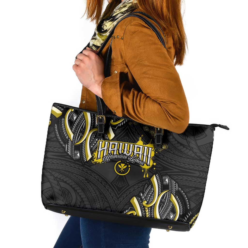 Traditional Art Hawaiian Kakau Tattoos Leather Tote Bag Yellow Color - Polynesian Pride