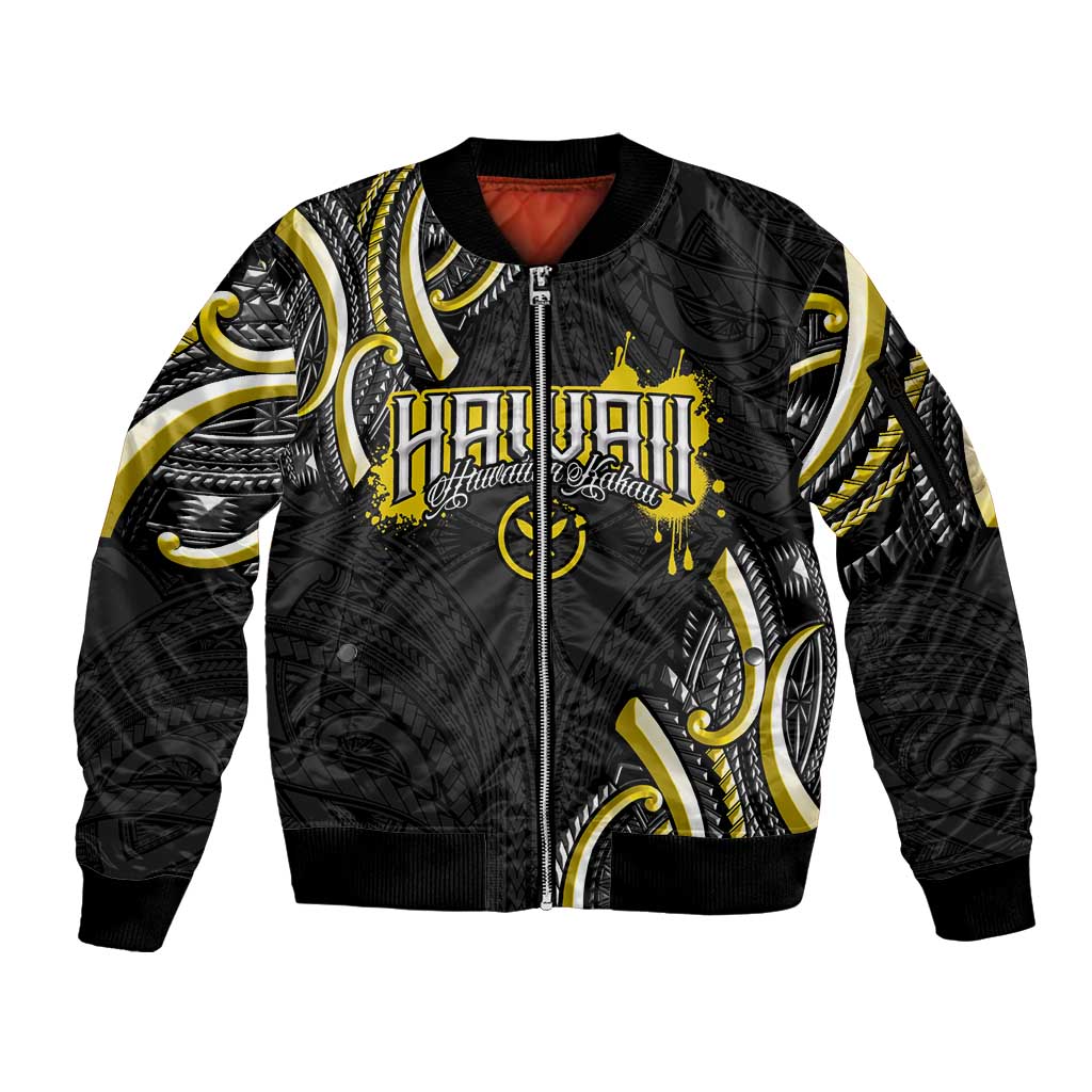 Traditional Art Hawaiian Kakau Tattoos Sleeve Zip Bomber Jacket Yellow Color - Polynesian Pride