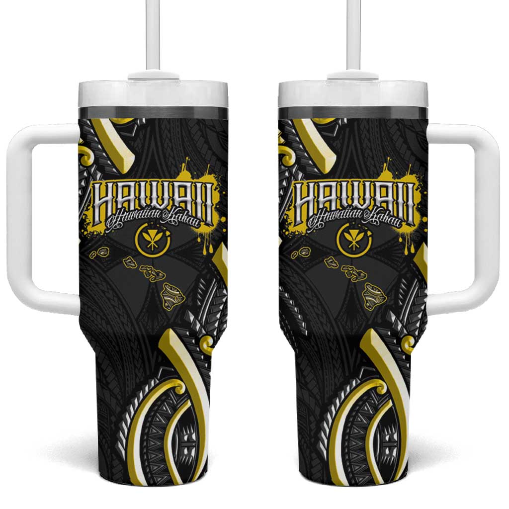 Traditional Art Hawaiian Kakau Tattoos Tumbler With Handle Yellow Color - Polynesian Pride