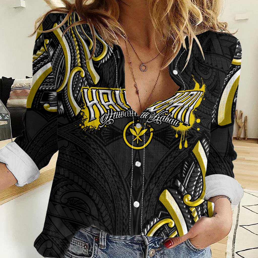 Traditional Art Hawaiian Kakau Tattoos Women Casual Shirt Yellow Color - Polynesian Pride