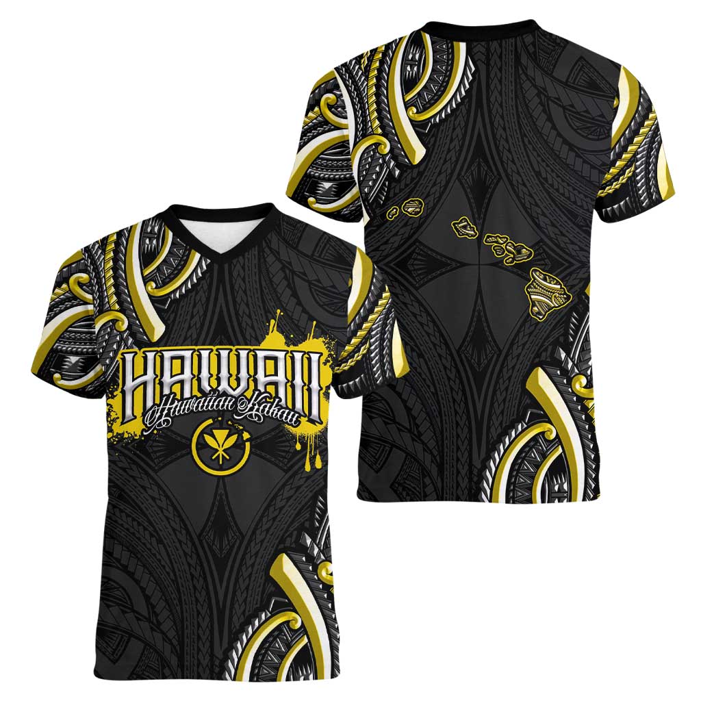 Traditional Art Hawaiian Kakau Tattoos Women V-Neck T-Shirt Yellow Color - Polynesian Pride