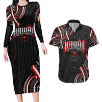 Traditional Art Hawaiian Kakau Tattoos Couples Matching Long Sleeve Bodycon Dress and Hawaiian Shirt Red Color - Polynesian Pride