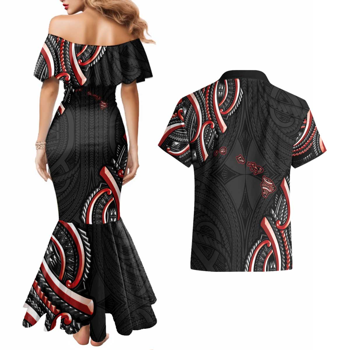 Traditional Art Hawaiian Kakau Tattoos Couples Matching Mermaid Dress and Hawaiian Shirt Red Color - Polynesian Pride