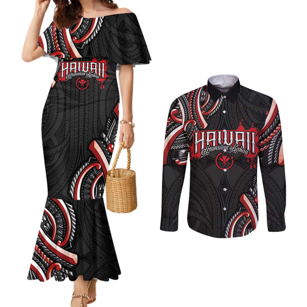 Traditional Art Hawaiian Kakau Tattoos Couples Matching Mermaid Dress and Long Sleeve Button Shirt Red Color - Polynesian Pride